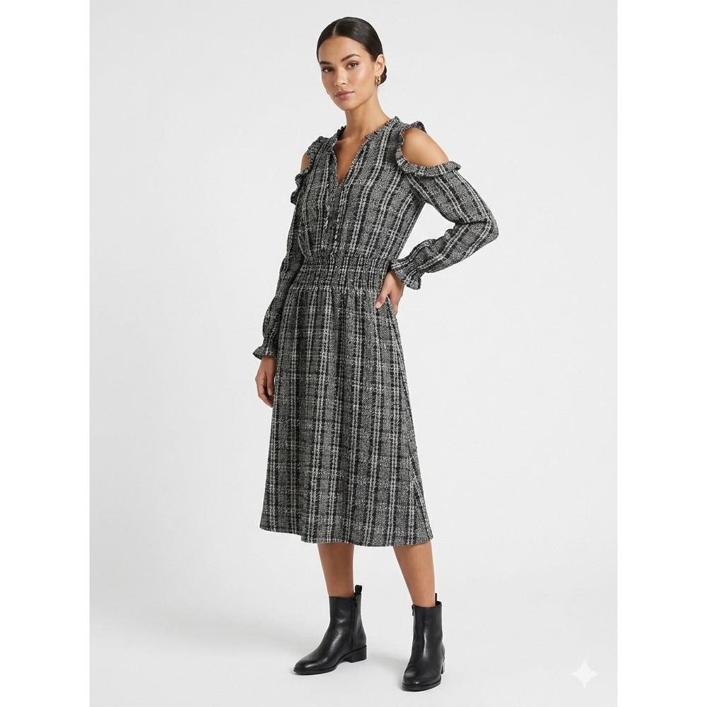 Michael Michael Kors Cold Shoulder Dress Black White Plaid Smocked - XS